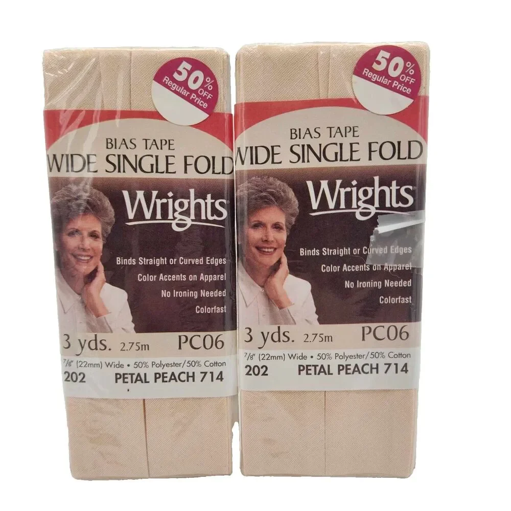Lot of 2 Wrights Wide Single Fold Bias Tape PC06-714 Petal Peach 7/8