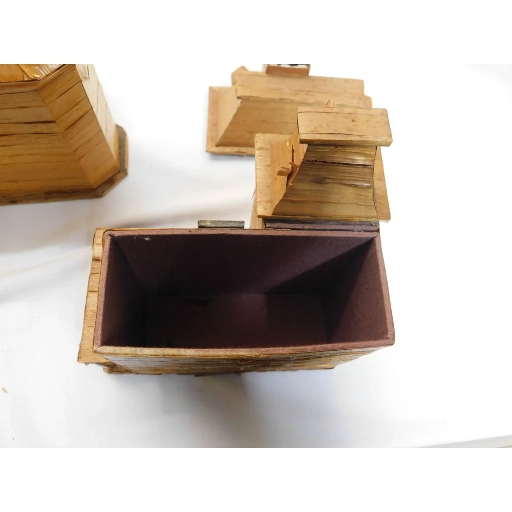 Lot of 11 Vintage Rare Bamboo Wheat Stalk Houses Trinket Box