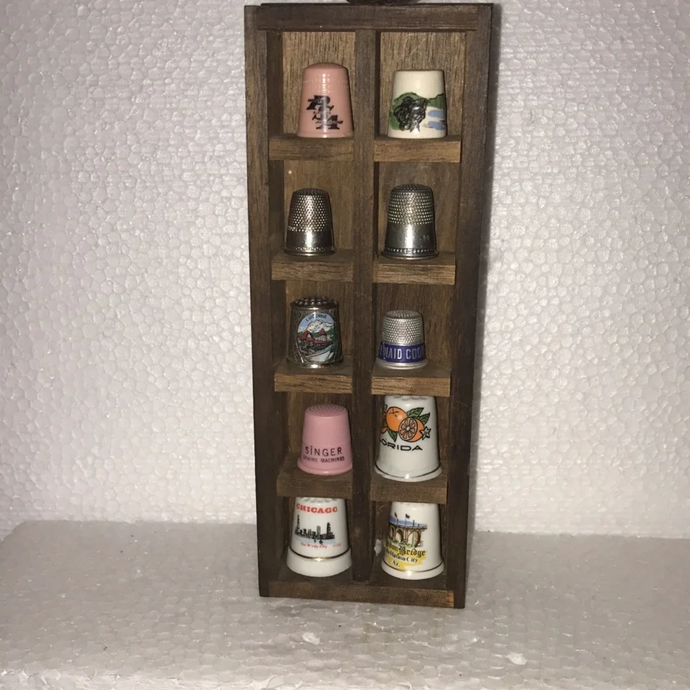 Wooden Thimble Display Case with Assorted Thimbles