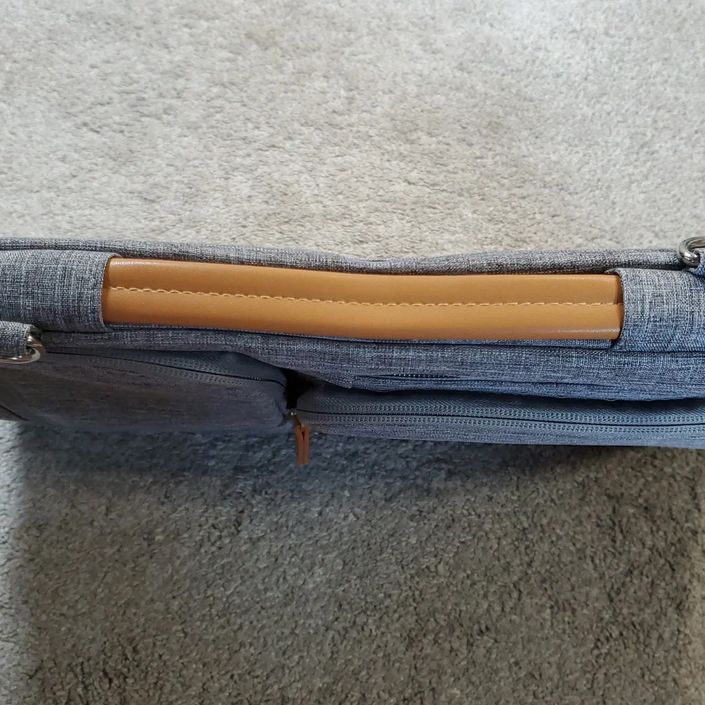 Gray Mosiso Laptop Bag with Tan Accents. Multiple Pockets And Carry Strap. EUC