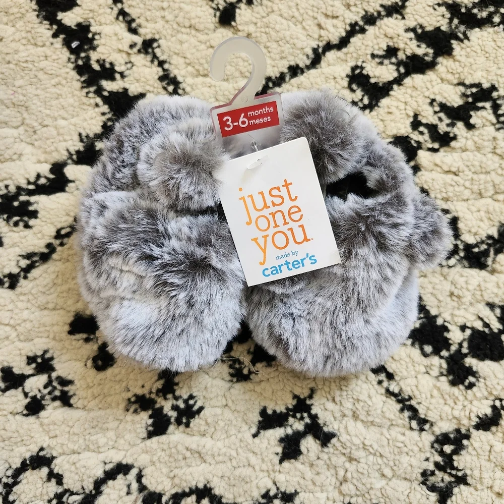 Carter's Fluffy Gray Baby Slippers Soft Faux Fur Booties 3-6 Months