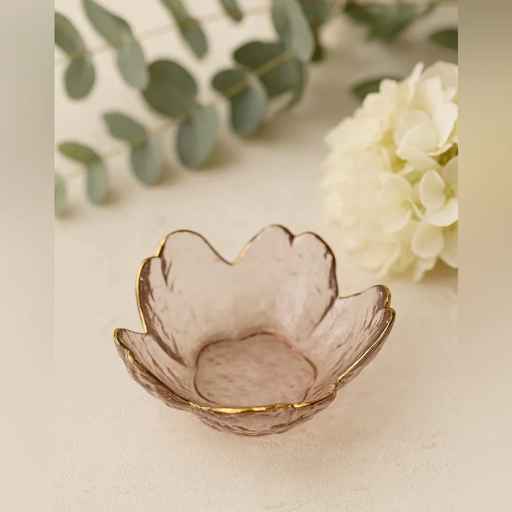 Pink Glass Flower Ring Dish Gold Rim Jewelry Trinket Bowl Vanity Decor NEW