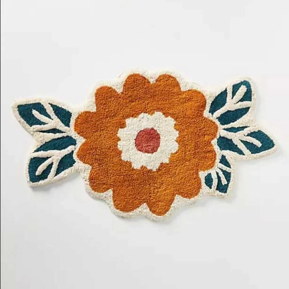 New Anthropologie Tufted bouquet orange flower bath mat rug