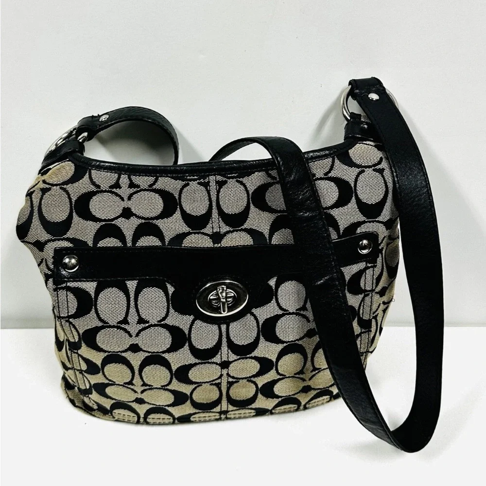 Coach Black and Tan Signature Shoulder Bag