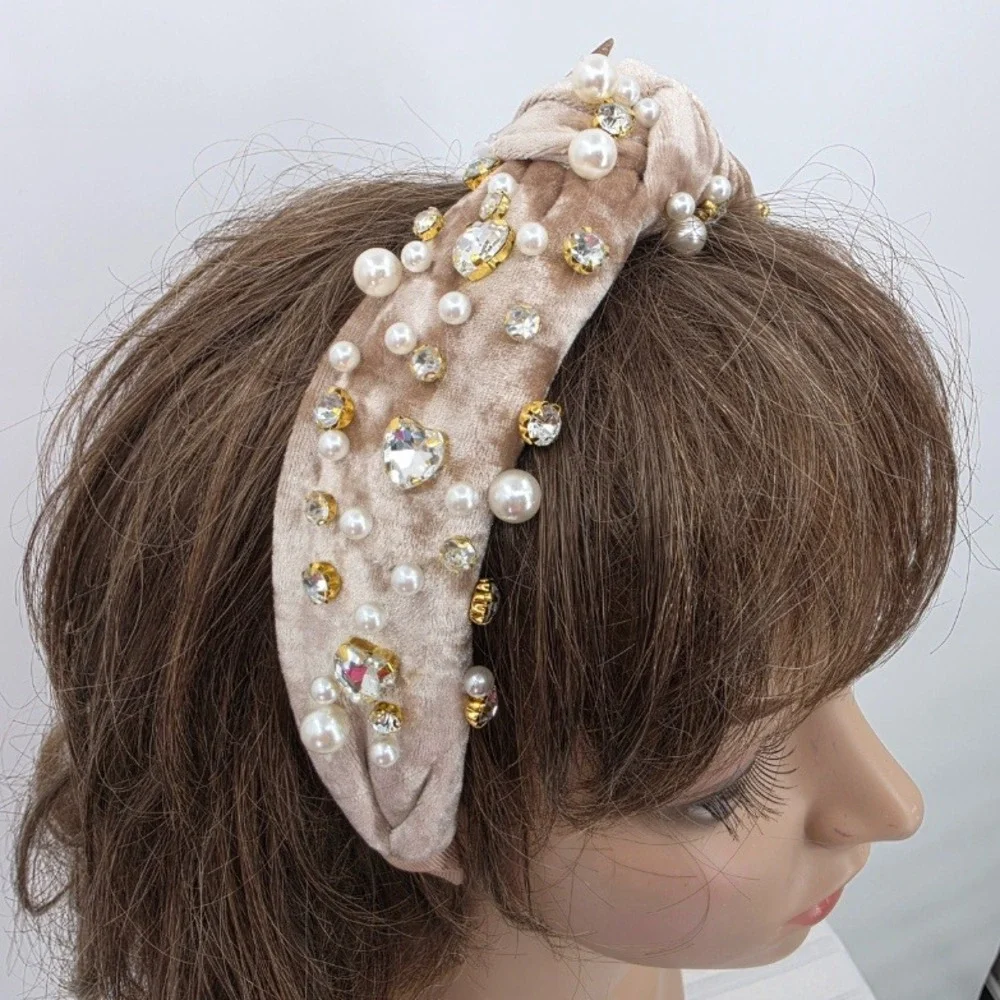 SIMPLY SOUTHERN Champagne Velvet Pearl Rhinestone Embellished Headband NWT