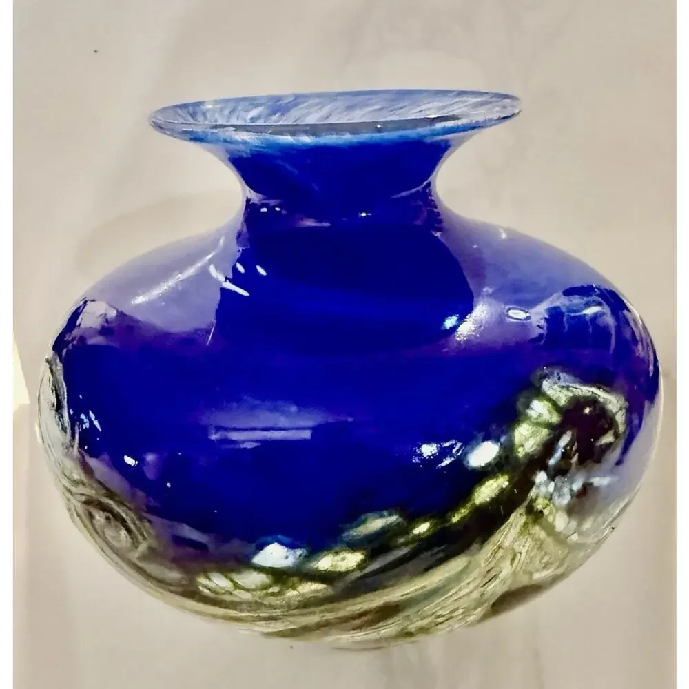 Signed Art Glass Bud Vase Cobalt Blue Greens Art Glass Vase 5x4 Inches