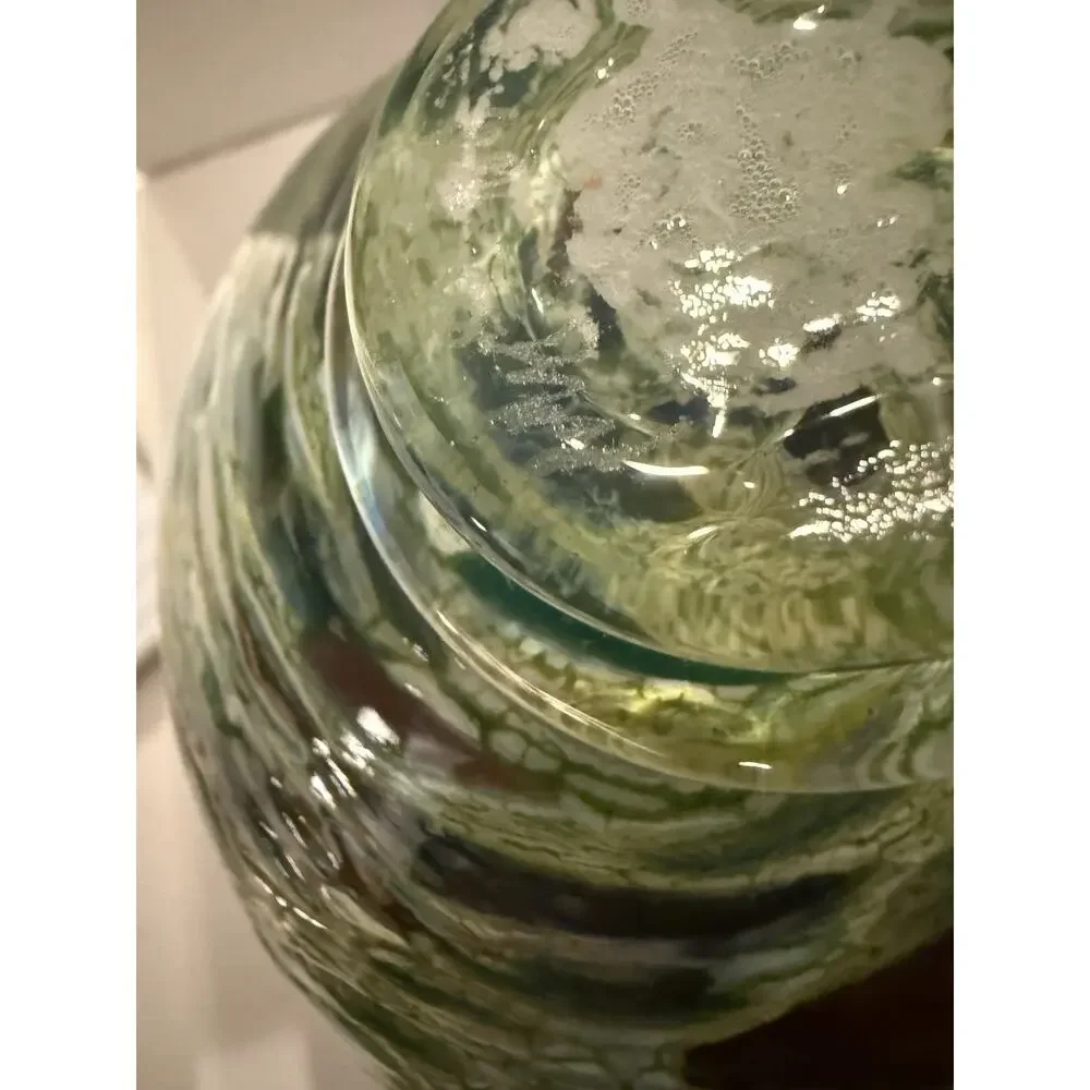 Signed Art Glass Bud Vase Cobalt Blue Greens Art Glass Vase 5x4 Inches