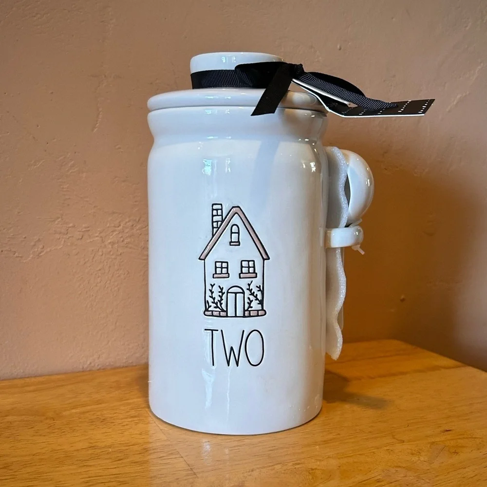 NWTS Rae Dunn “TWO” Gingerbread House Ceramic Kitchen Canister With Spoon.