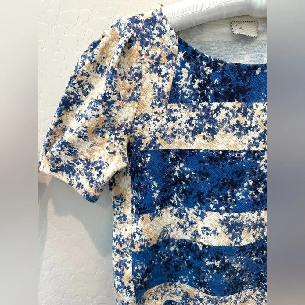 ANTHROPOLOGIE | Postmark Blue Beige Abstract Floral Puff Sleeve Blouse | Small