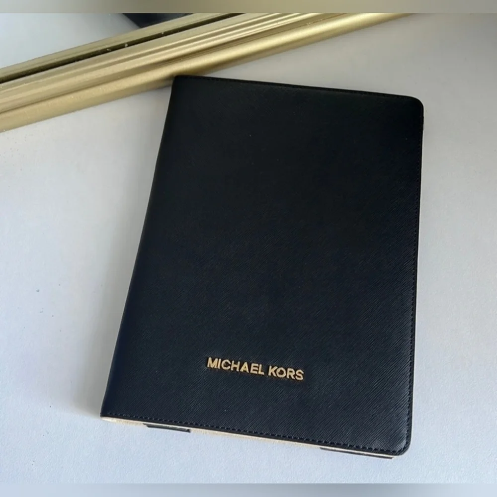 NWOT | Michael Kors | Leather Tablet Case | Black w/ Cream Interior & Gold Logo