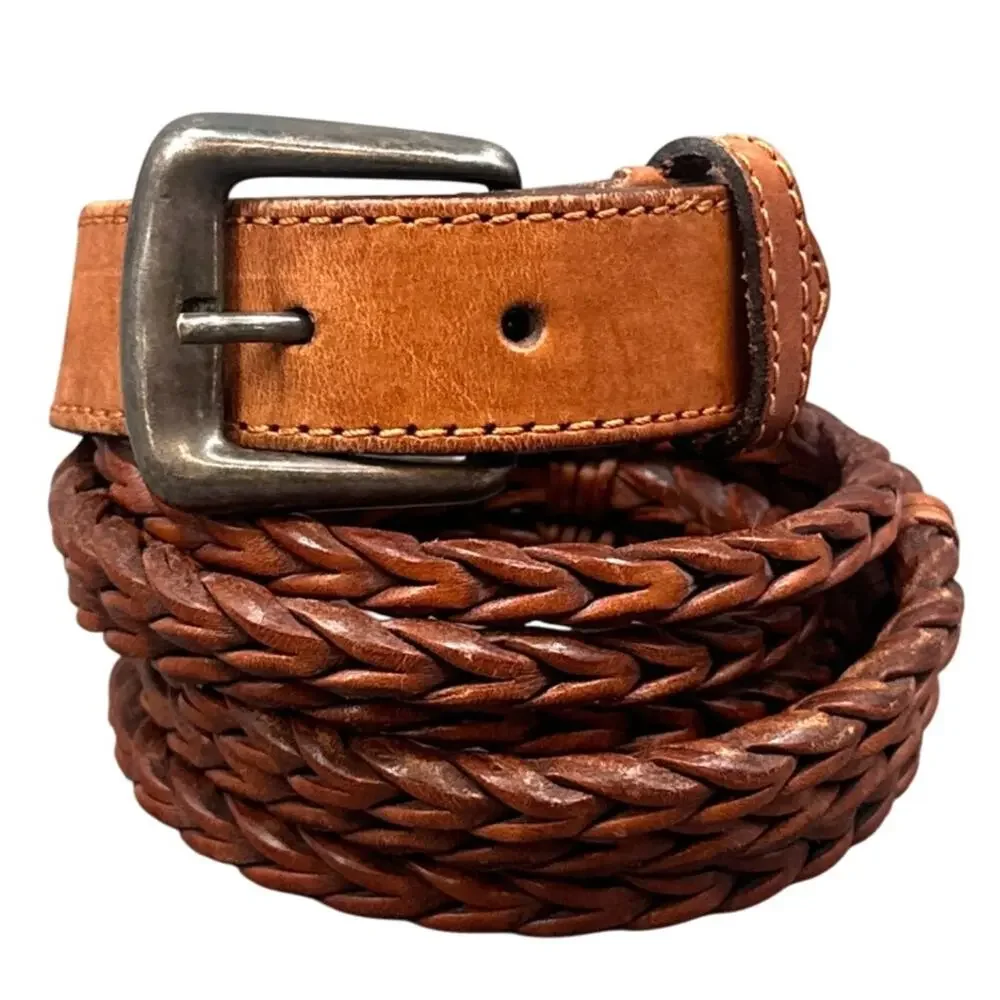 Billy Belt’s Calif Leather Belt 34 Brown Braided Woven Brass Buckle Vintage Boho