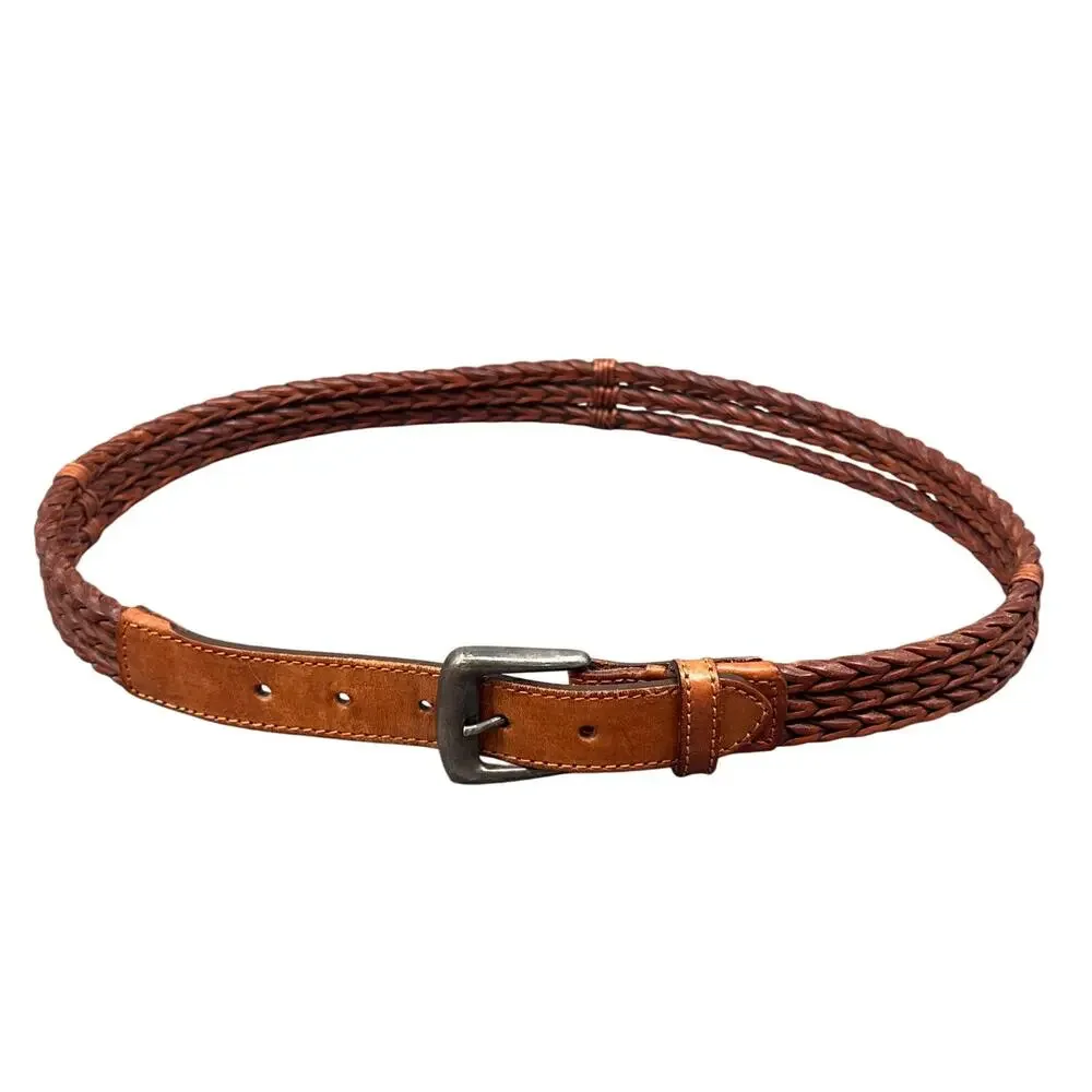 Billy Belt’s Calif Leather Belt 34 Brown Braided Woven Brass Buckle Vintage Boho