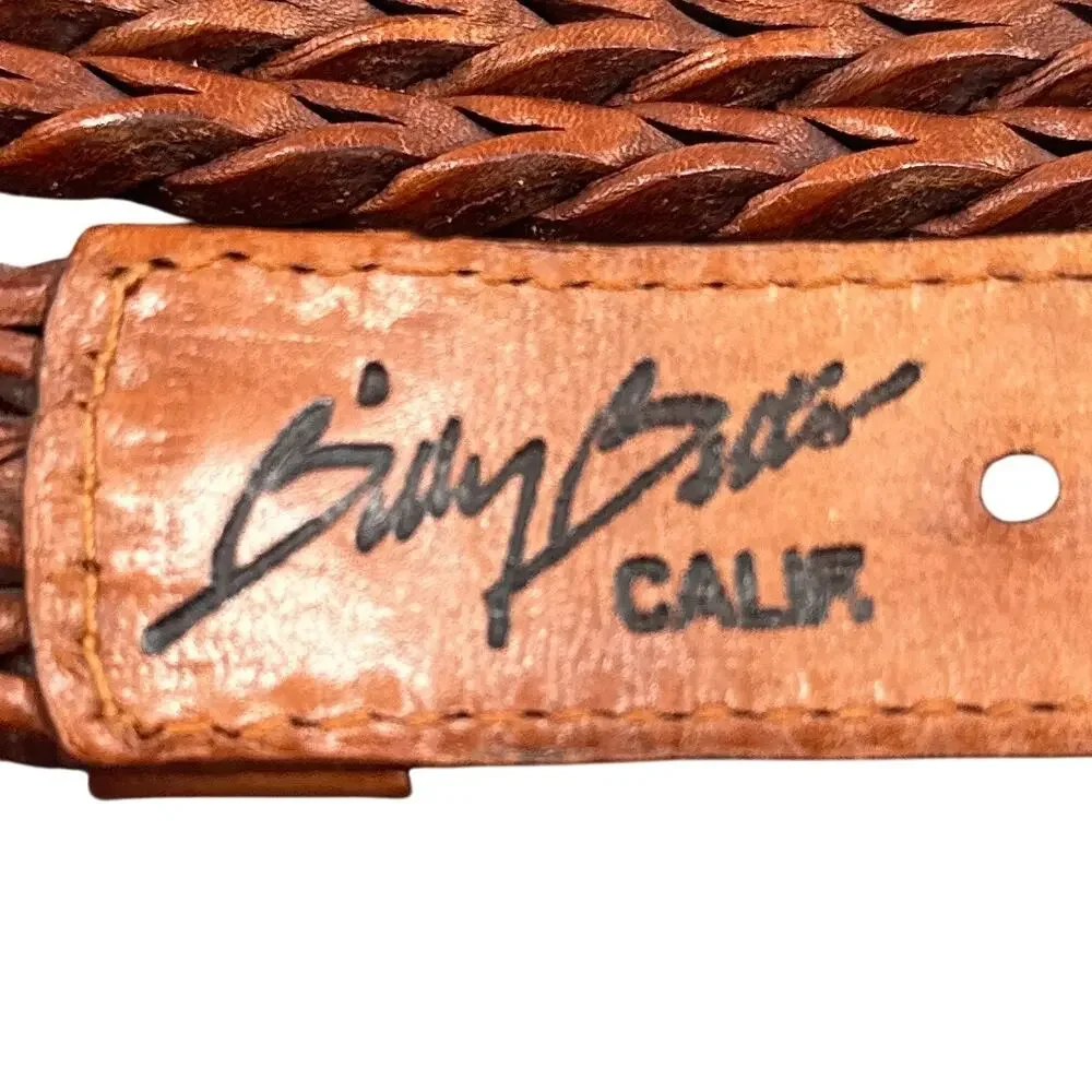 Billy Belt’s Calif Leather Belt 34 Brown Braided Woven Brass Buckle Vintage Boho
