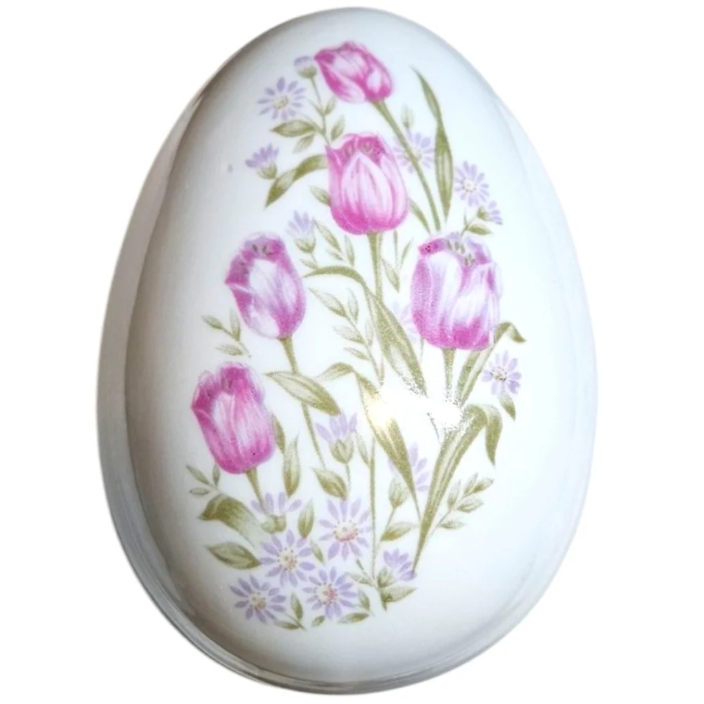 VTG Lefton Hand Painted Ceramic Porcelain Egg Trinket Jewlery Dish Purple Roses