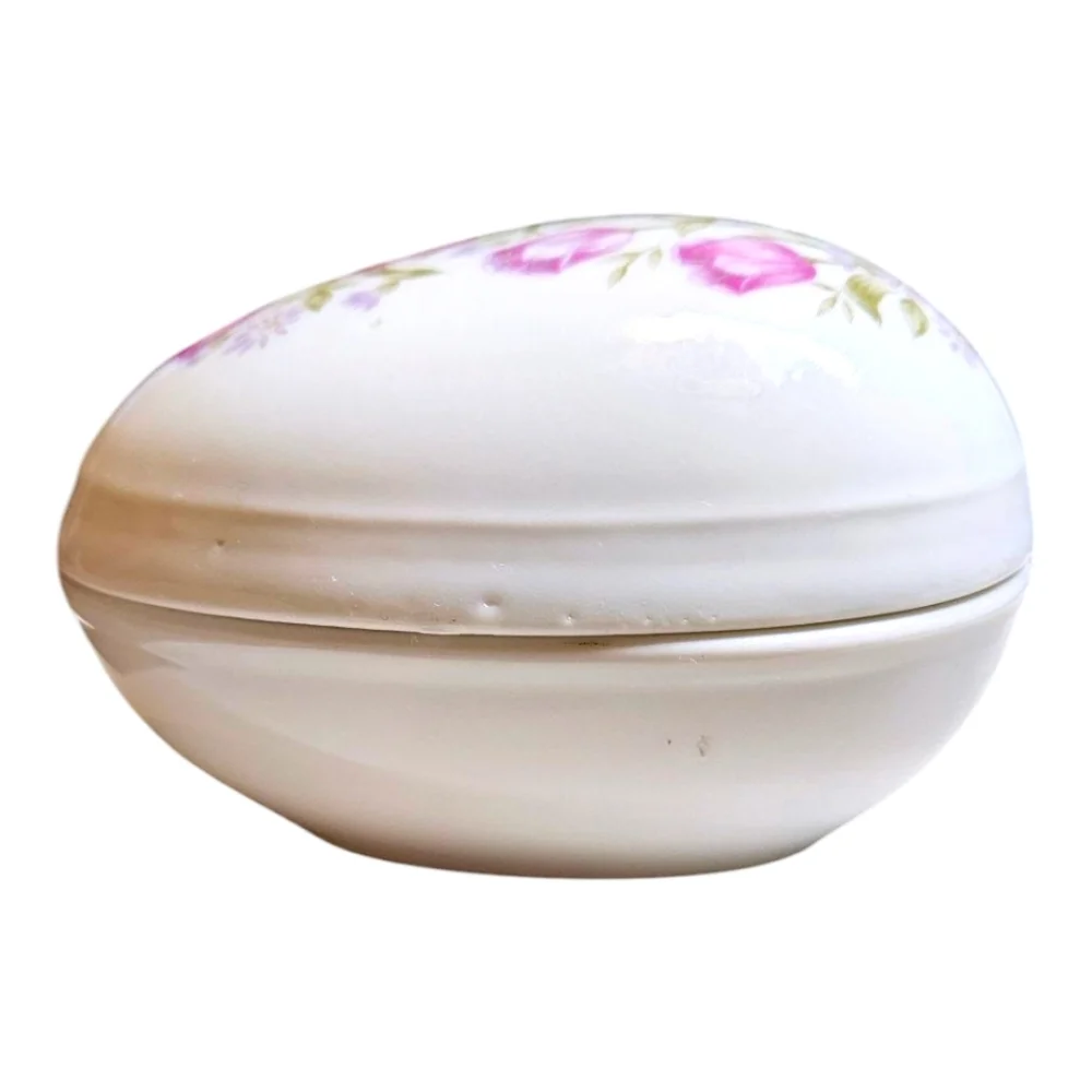 VTG Lefton Hand Painted Ceramic Porcelain Egg Trinket Jewlery Dish Purple Roses