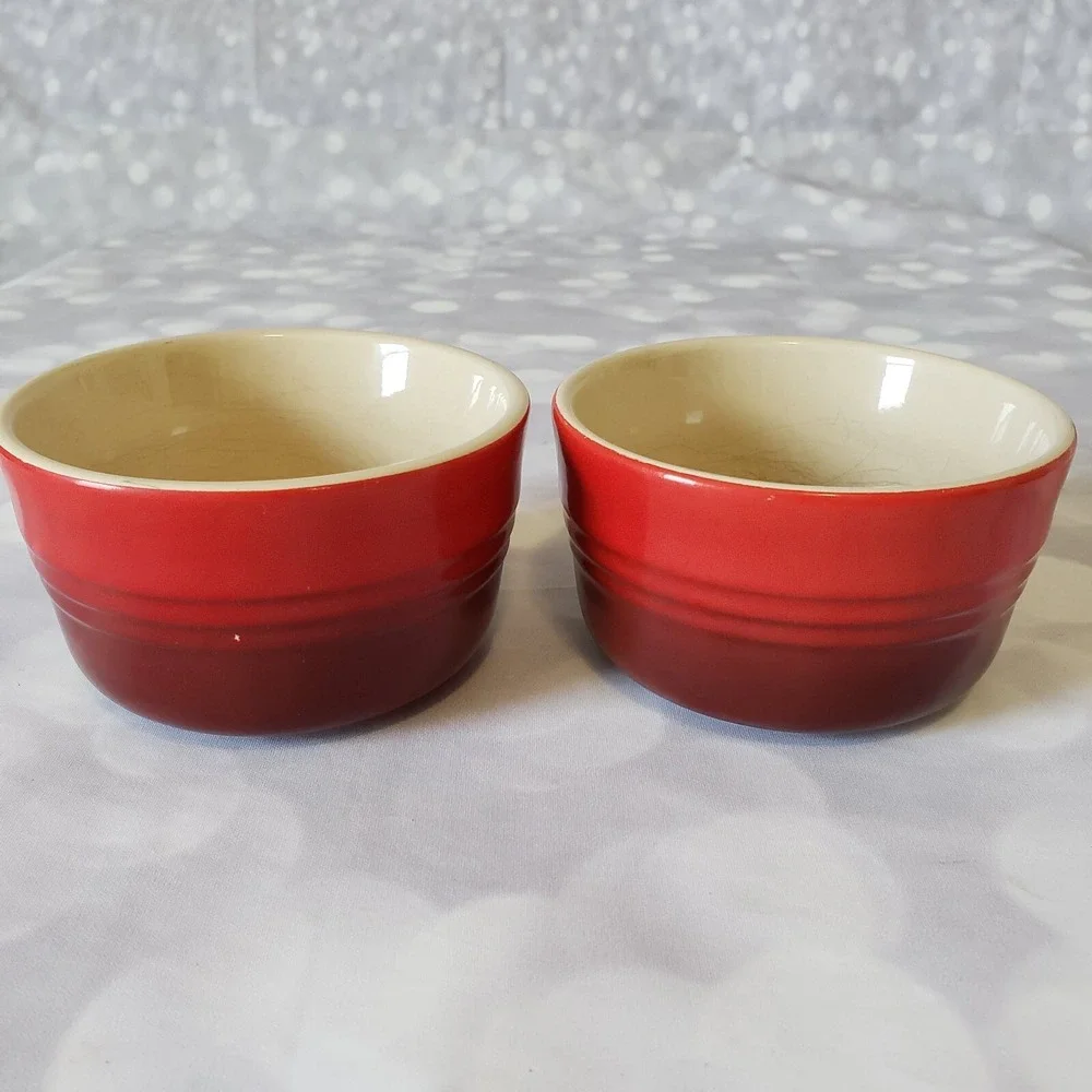 Le Creuset Custard Cup Ramekin Stoneware Set Of 2 Not Matching Red 11-03 & 15-16