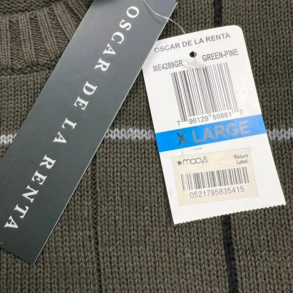 Oscar de la Renta Green Windowpane Crew Neck Sweater 100% Cotton Size XL