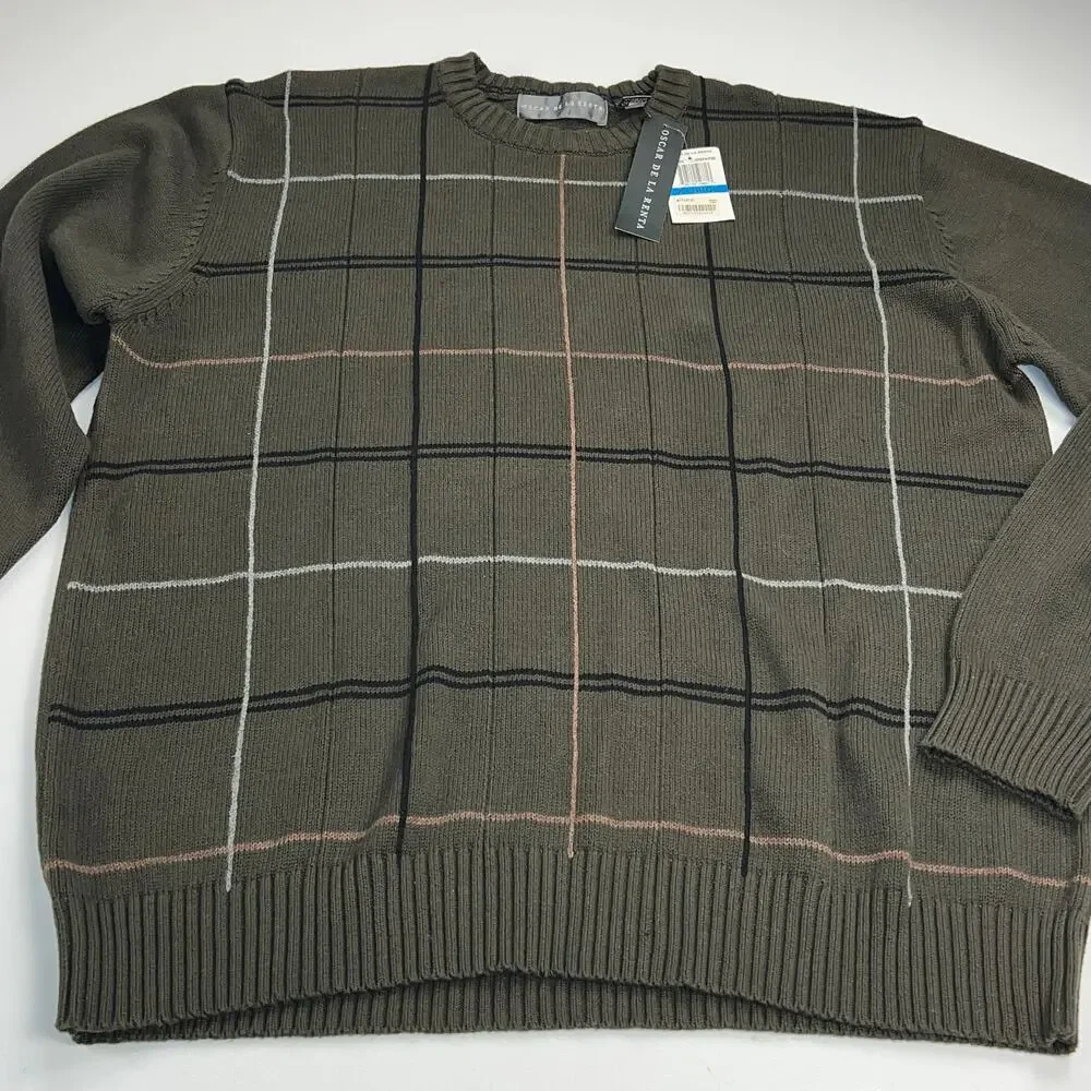 Oscar de la Renta Green Windowpane Crew Neck Sweater 100% Cotton Size XL