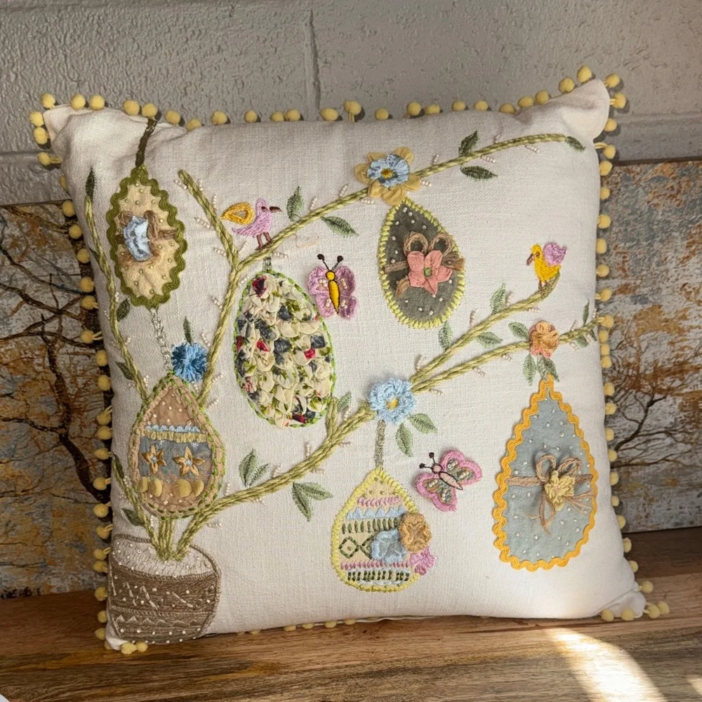 Embroidered Pier 1 Spring Easter Motif Decorative Pillow