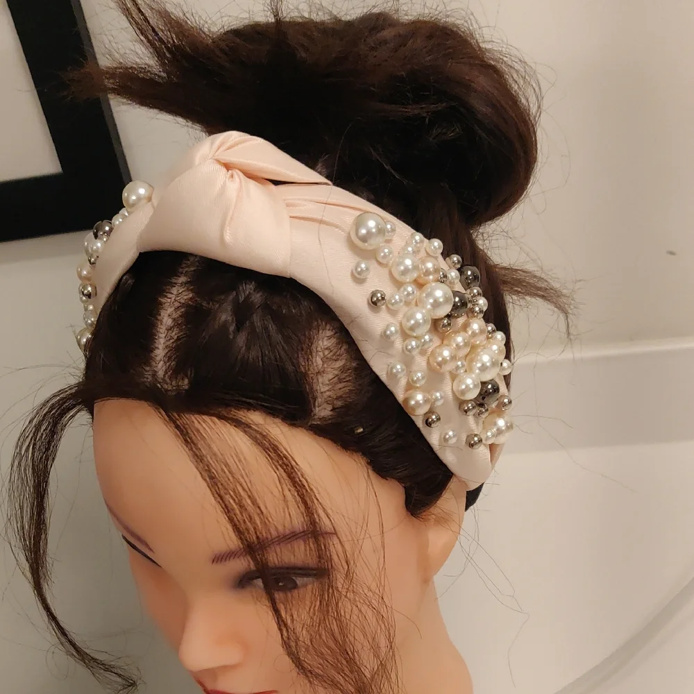 Elegant Faux Pearl-Studded Cream Headband Vintage Inspired Y2k Trendy Cottagecor