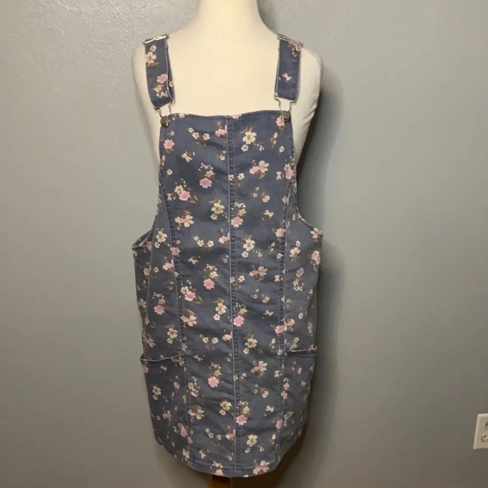 No Boundaries Denim Overalls Dress Floral Print Juniors 11/13