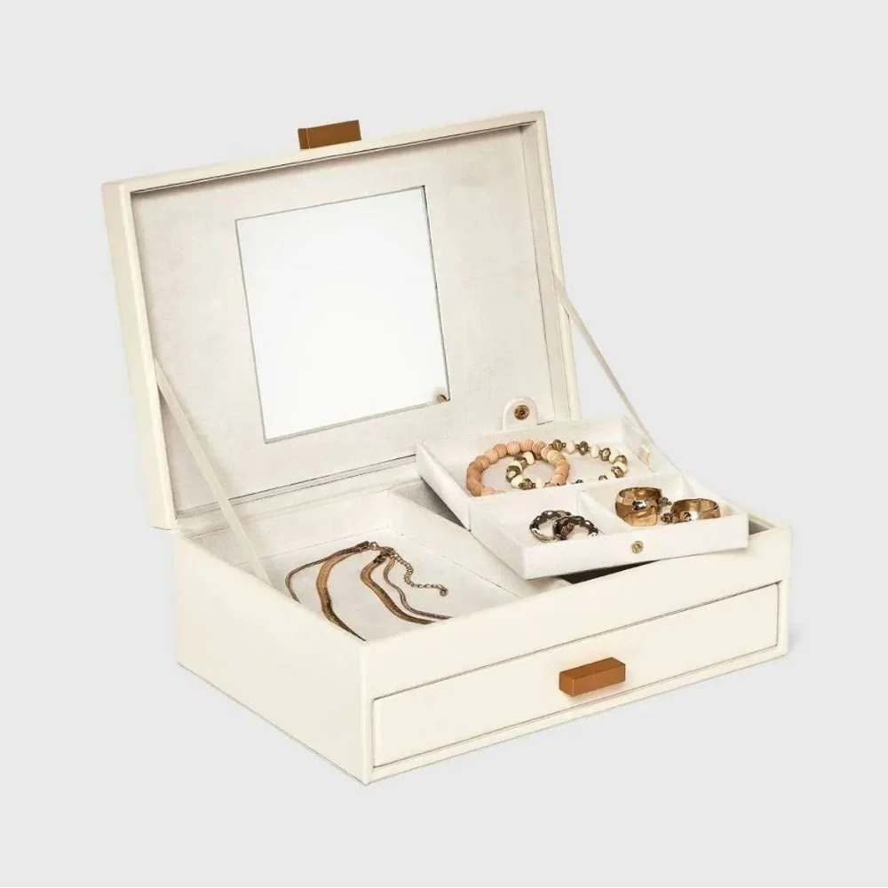 a new day Two Drawer Organizer Jewelry Box Divided Tray Mirror Cream & Brown