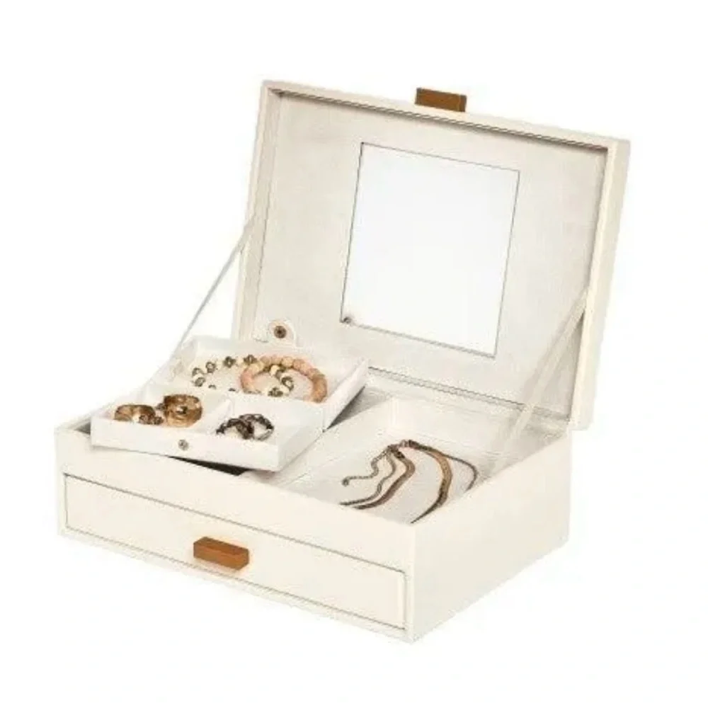 a new day Two Drawer Organizer Jewelry Box Divided Tray Mirror Cream & Brown