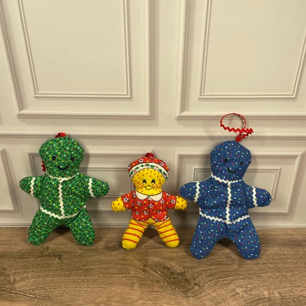 Vtg Handmade Plush Christmas Holiday Gingerbread Man Ornament Dolls Set of 3
