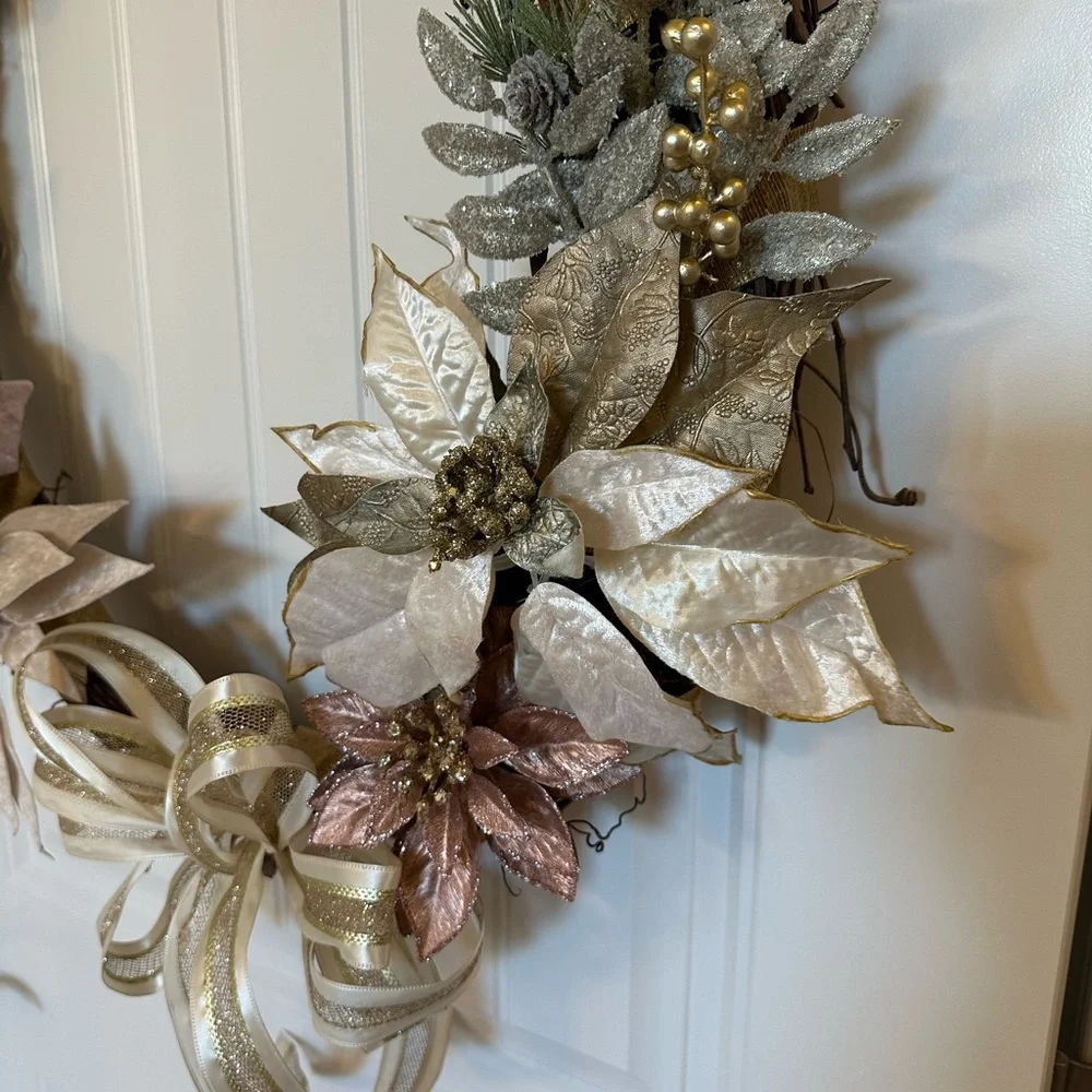 Elegant Holiday Wreath with Gold and Pink Accents
