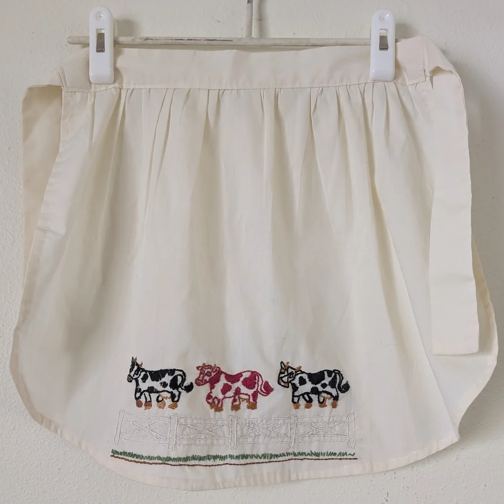 Vintage Hand Embroidered Child's Apron, Cream with Black and Red Cows