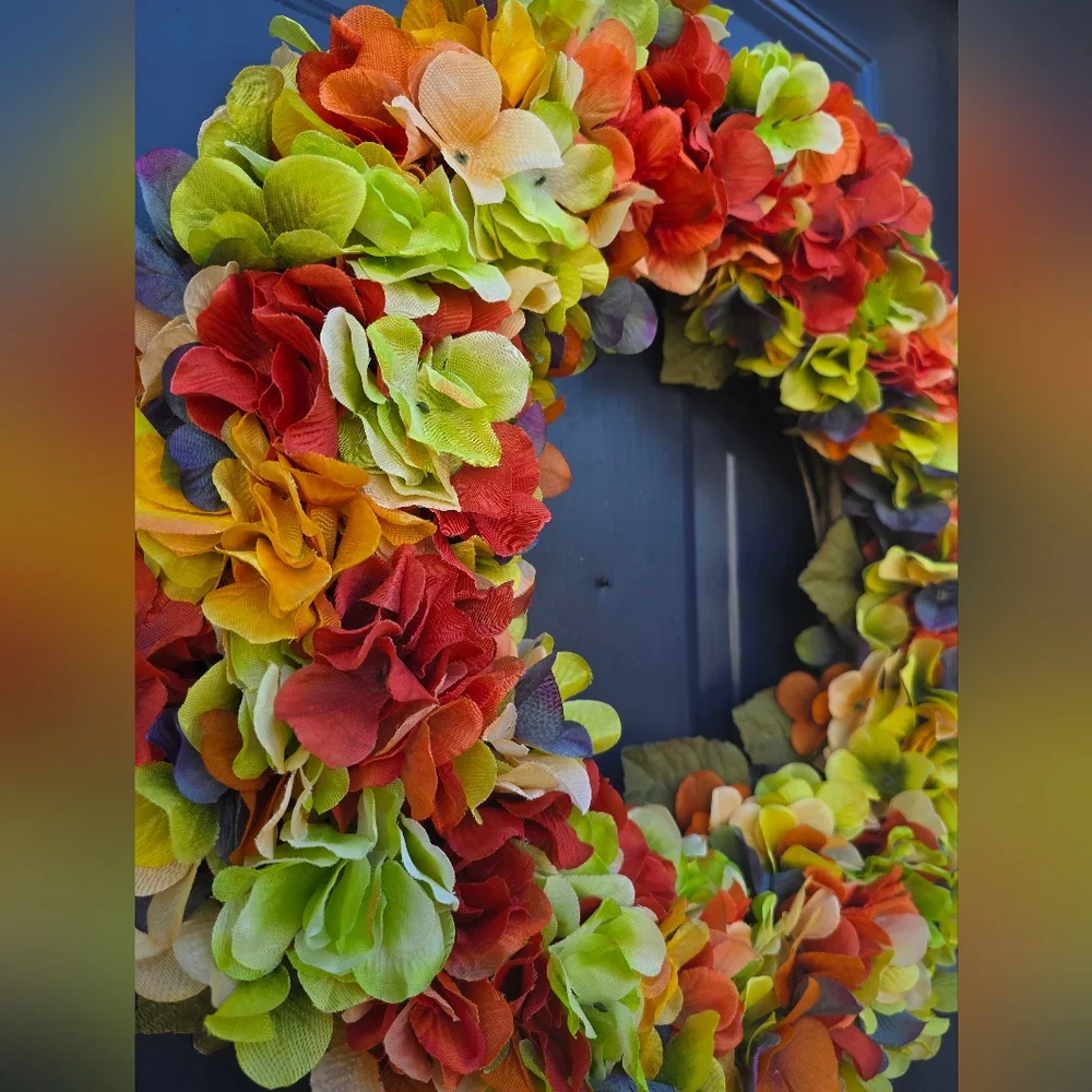 Autumn Splendor Hydrangea Wreath - Red, Orange, Green Floral Decor