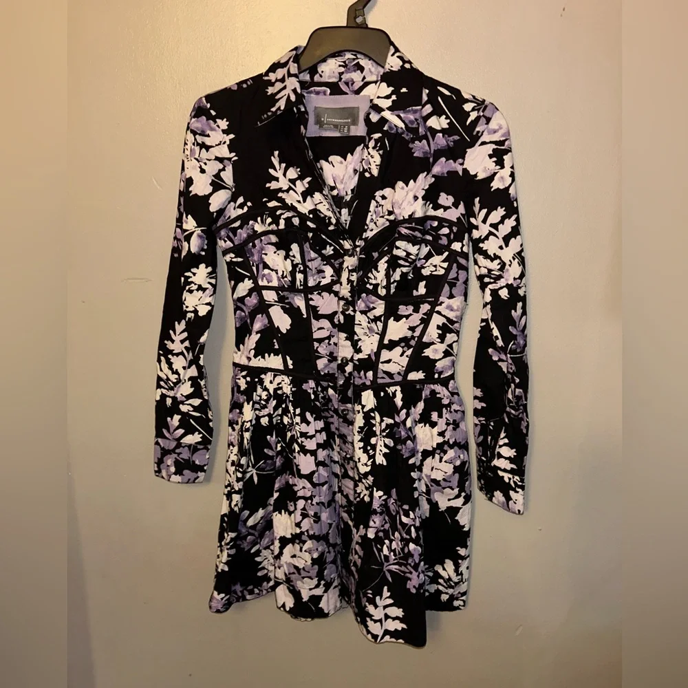 Anthropologie Corset Mini Shirt Dress - Black/White/Purple Floral long sleeve