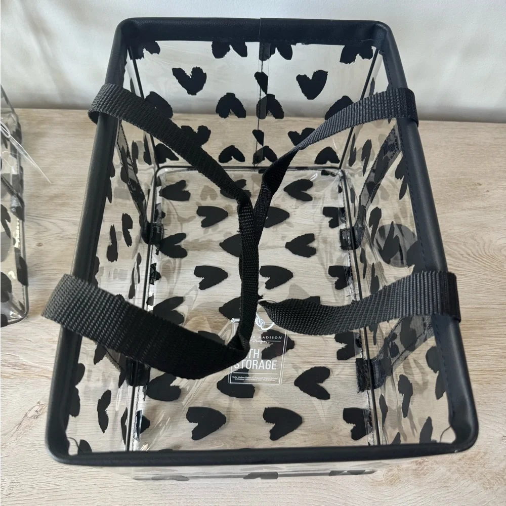 TAYLOR MADISON “BLACK WATER COLOR HEARTS” VINYL BATH STORAGE SET 2 BLACK HANDLES