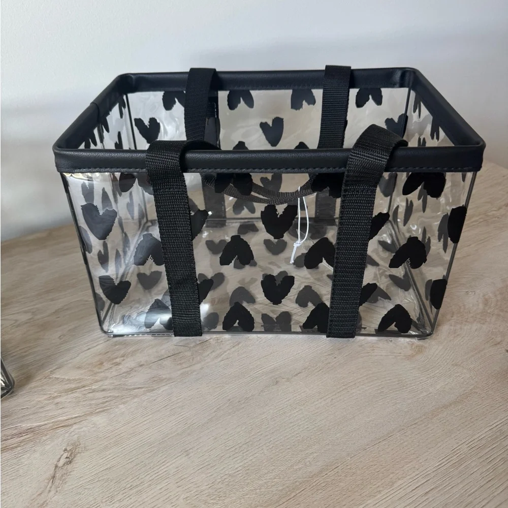 TAYLOR MADISON “BLACK WATER COLOR HEARTS” VINYL BATH STORAGE SET 2 BLACK HANDLES