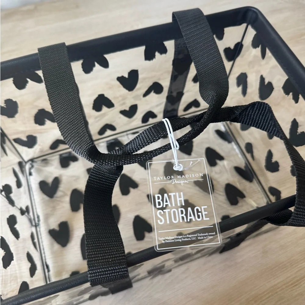 TAYLOR MADISON “BLACK WATER COLOR HEARTS” VINYL BATH STORAGE SET 2 BLACK HANDLES