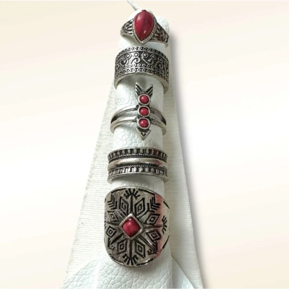 NWT Free People Count Your Lucky Stars Ring Set in Silver Red Boho Western