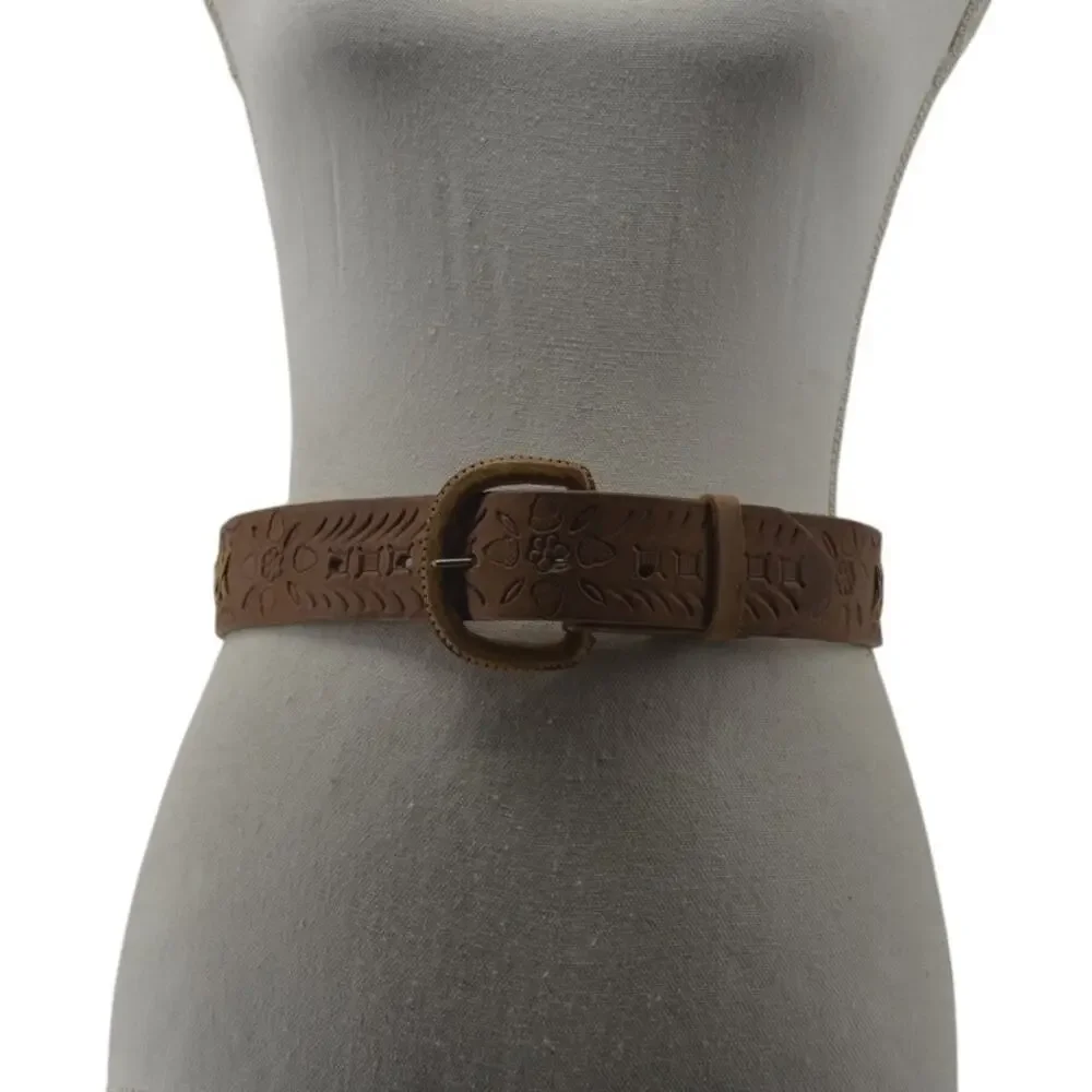 Western Leather Belt Tooled Stitched Brown Cowboy Size 28