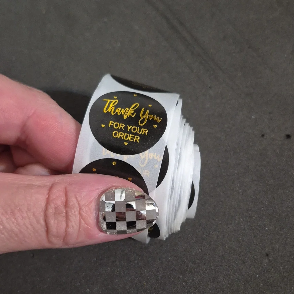 Thank You For Your Order Stickers Roll 100 Black & Gold Round 1 X 1