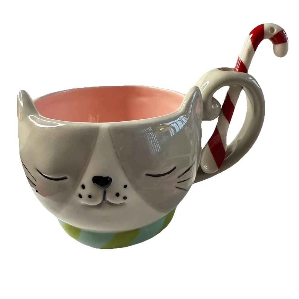 St Nicholas Square Cat with Candy Cane Spoon Coffee Hot Chocolate Mug Cup