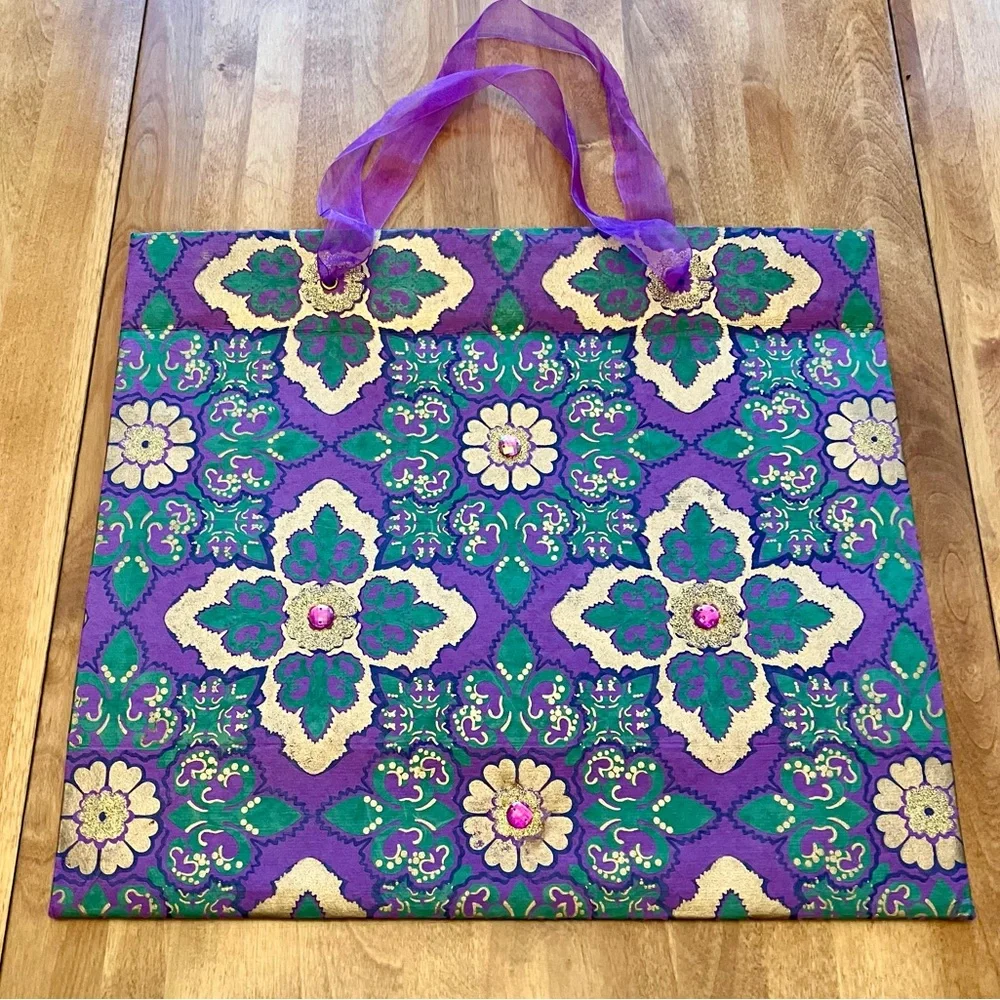 Gorgeous embellished gift bag in purple, green and gold, 16x14x6”