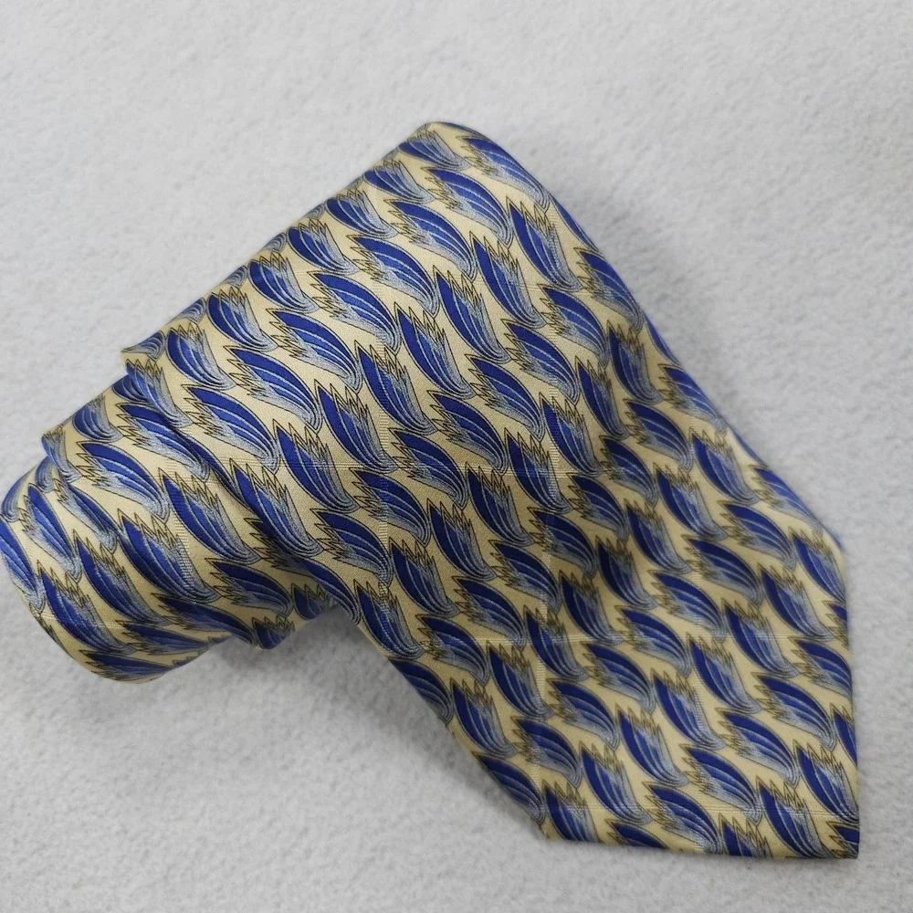Valentino Cravatte Tie Mens Blue Beige Abstract Feather 100% Silk Italy Necktie