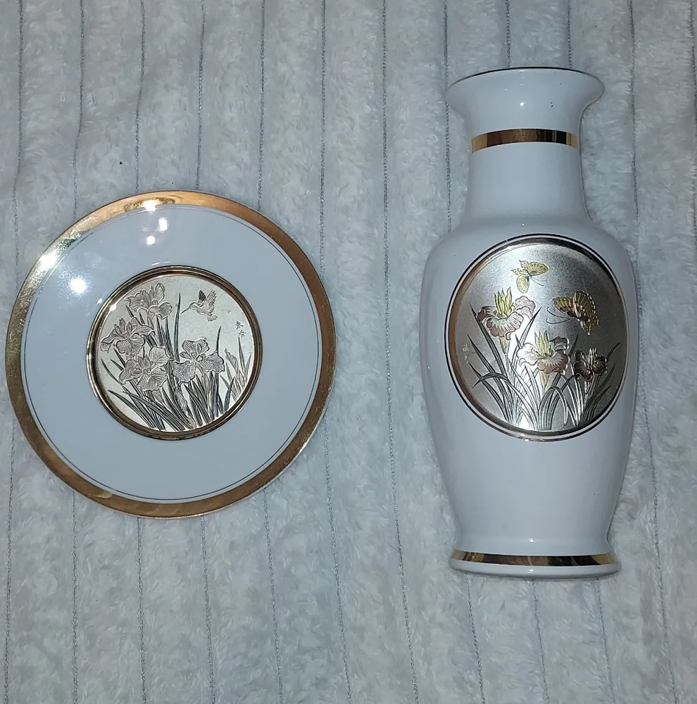 Art Of Chokin Japenese Vase And Plate Vintage Decor Set