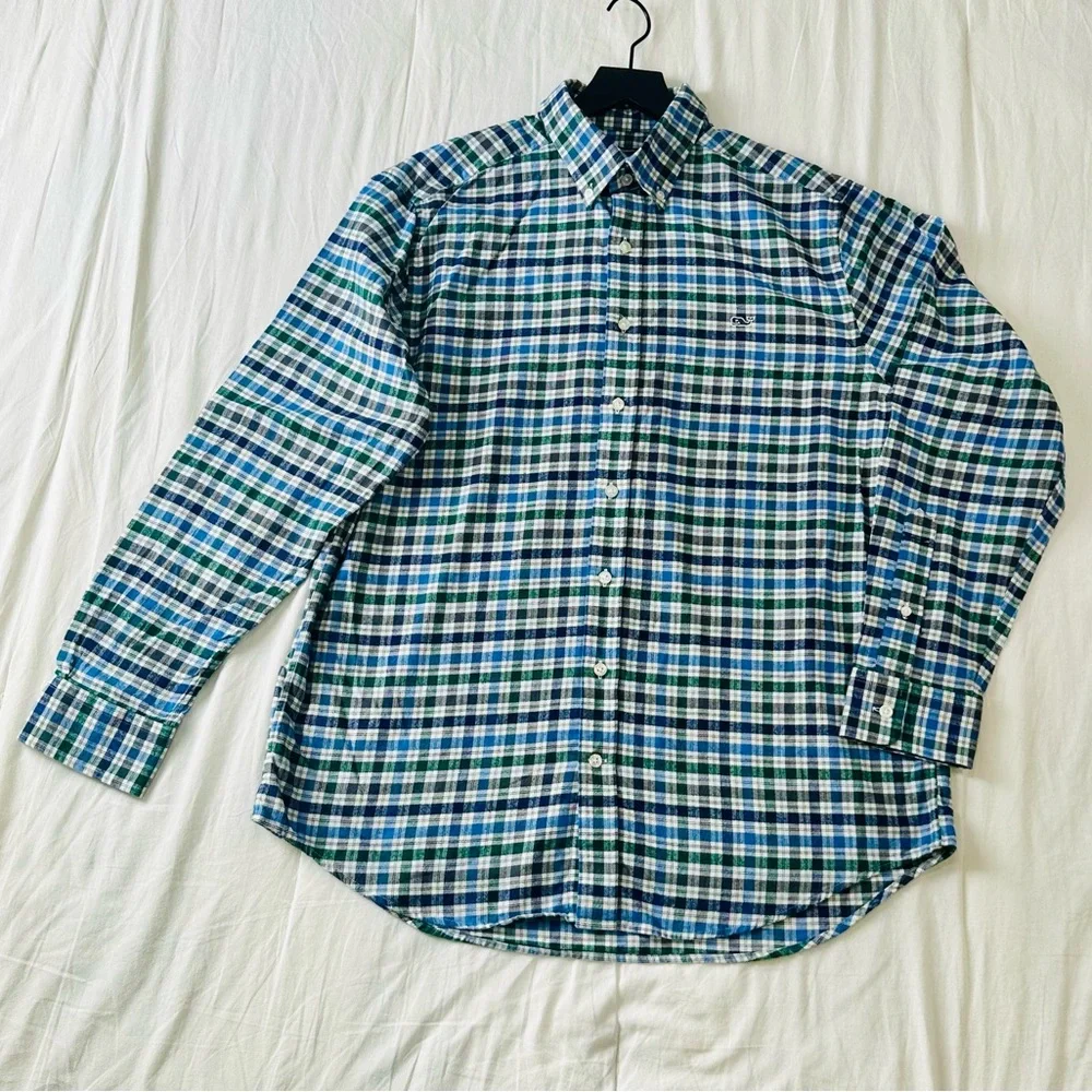Vineyard Vines Blue and Green Checkered Slim Fit Whale Shirt