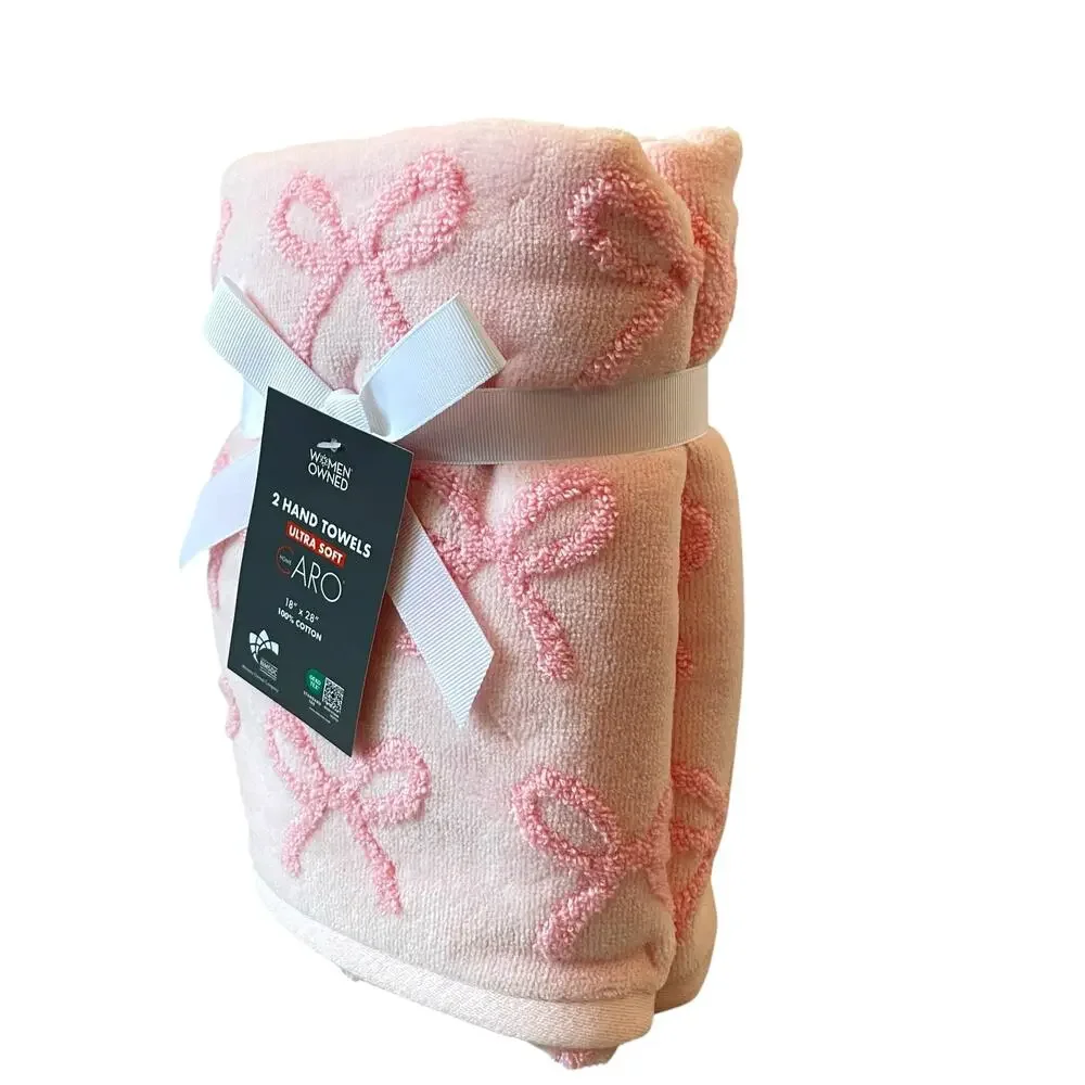 Caro Home Pink Bow Cotton Hand Towels 18x28 Set of 2