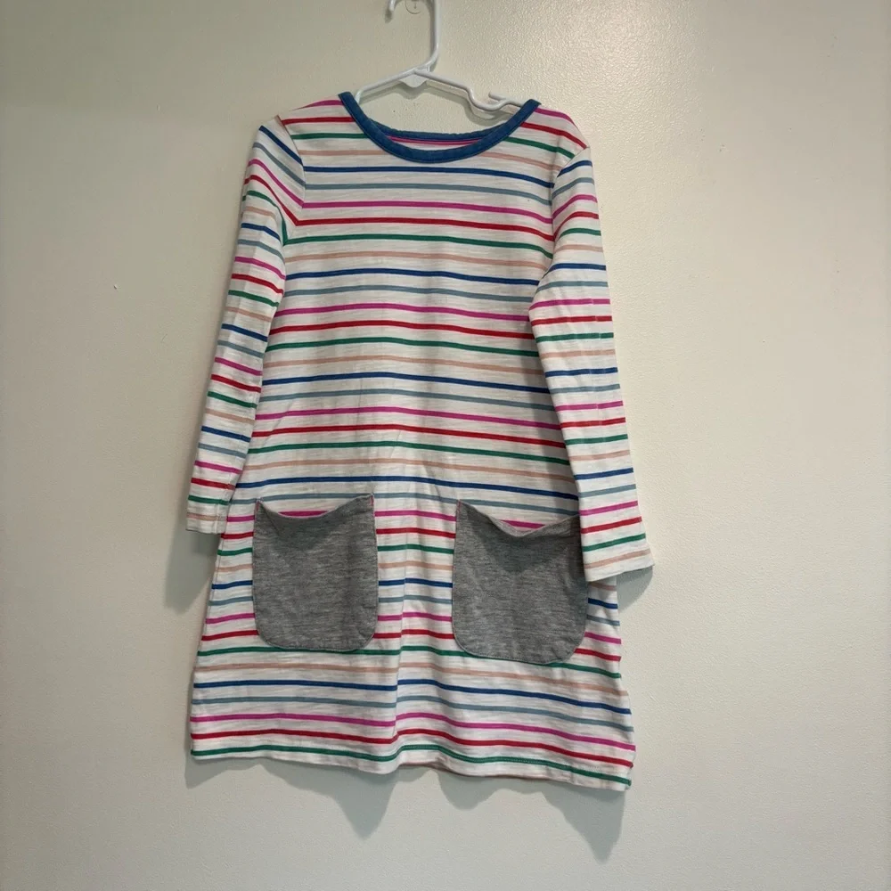 Mini Boden T-Shirt Dress Girls 6-7 Striped Rainbow Pockets Long Sleeve