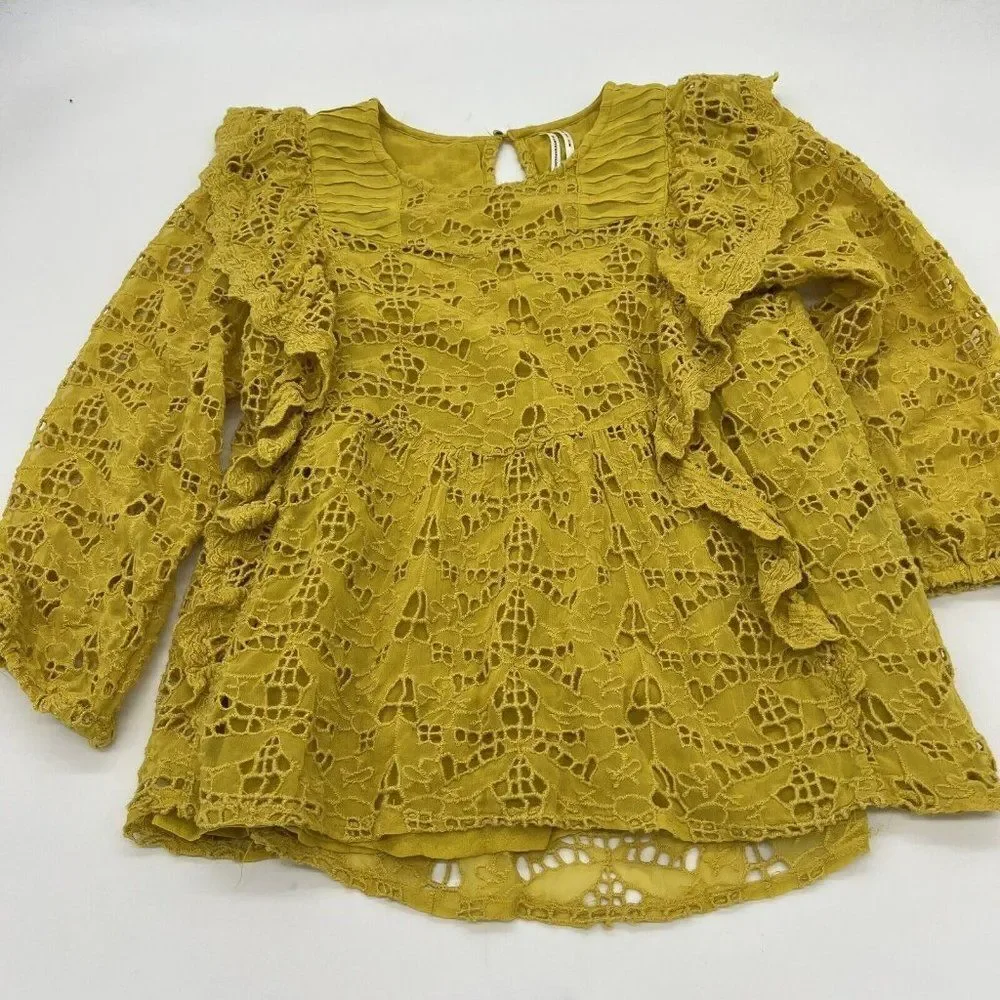 by Anthropologie Mustard Yellow Embroidered Ruffle Long Sleeve Blouse Sz 2