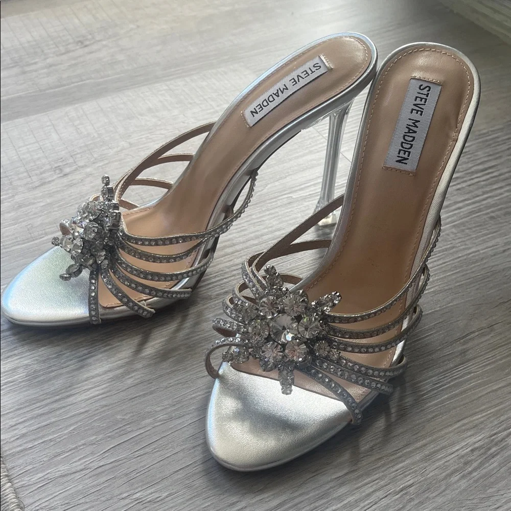 Steve Madden Silver Embellished Strappy Heels