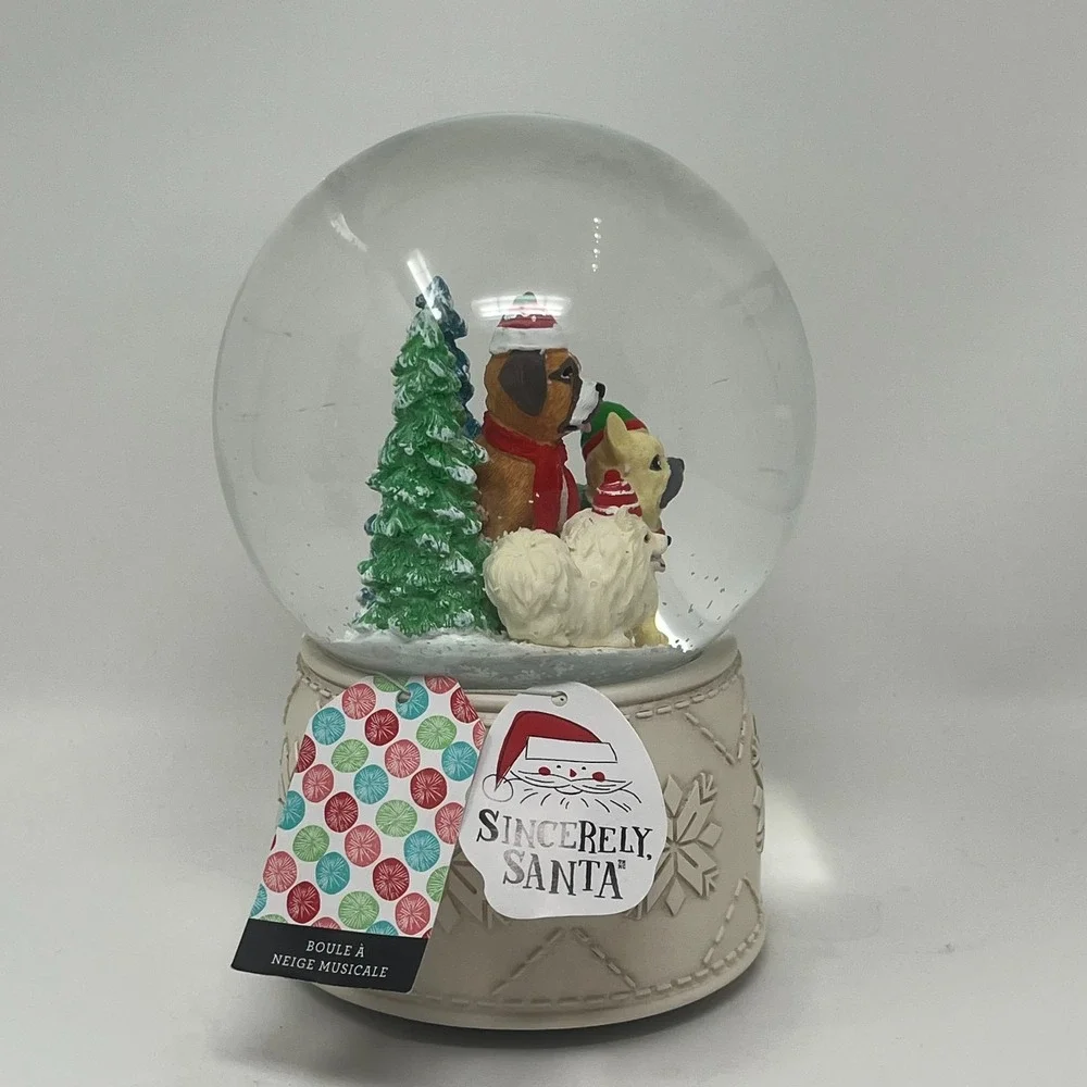 Sincerely Santa Musical Snow Globe Boxer French Bulldog Pomeranian NWT Water Dog