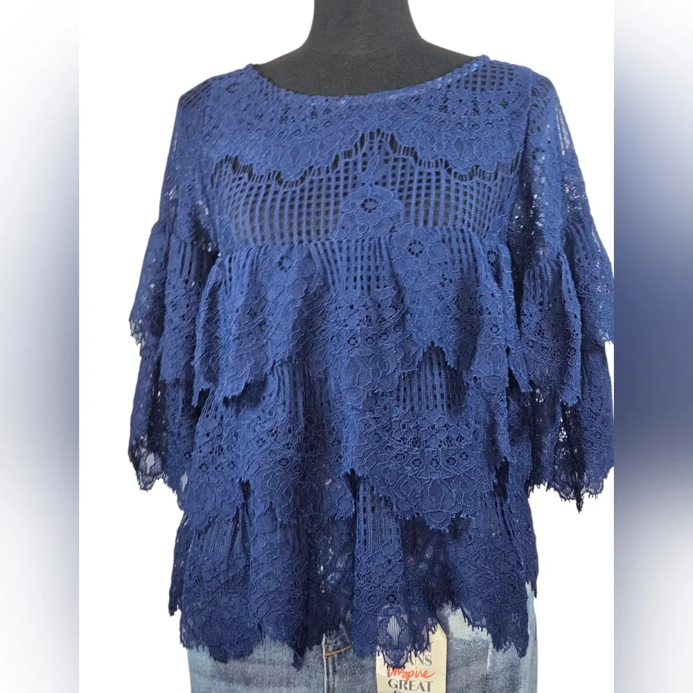 Elena Antoniades London Navy Blue Lace Tiered Blouse M | Floral Crochet Top
