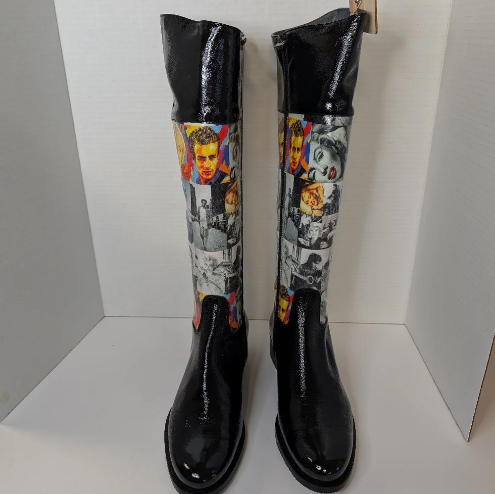 Rain Boots Side Zipper   Never Worn Hollywood Newsprint Size 7